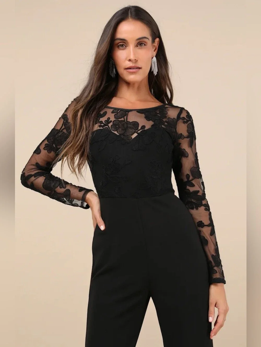 Lulus Write Your Own Romance Black Embroidered Long Sleeve Jumpsuit Wedding